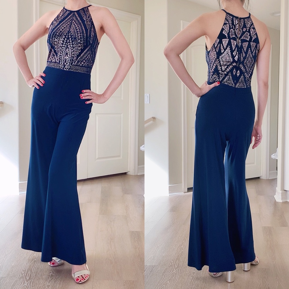 JUMP APPAREL Navy Blue Halter Glitter Jumpsuit